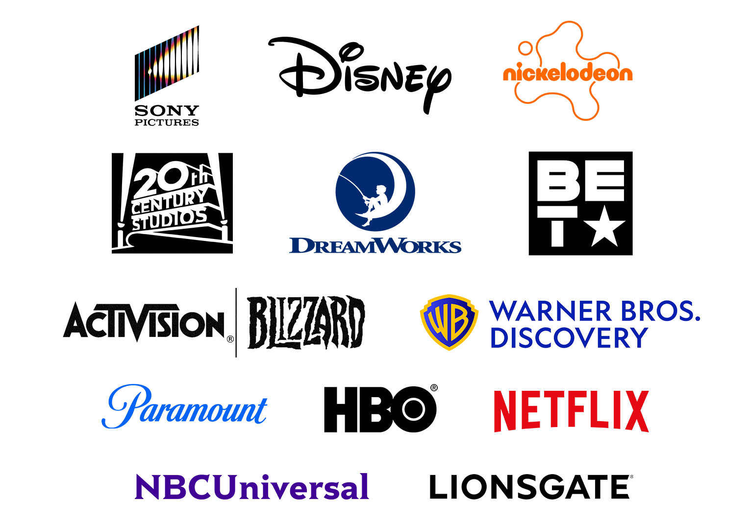 Collage of institutions logos including Sony Pictures, Disney, Nickelodeon, 20th Century Studios, DreamWorks, BET, Activision | Blizzard, Warner Bros. Discovery, Paramount, HBO, Netflix, NBCUniversal and Lionsgate.